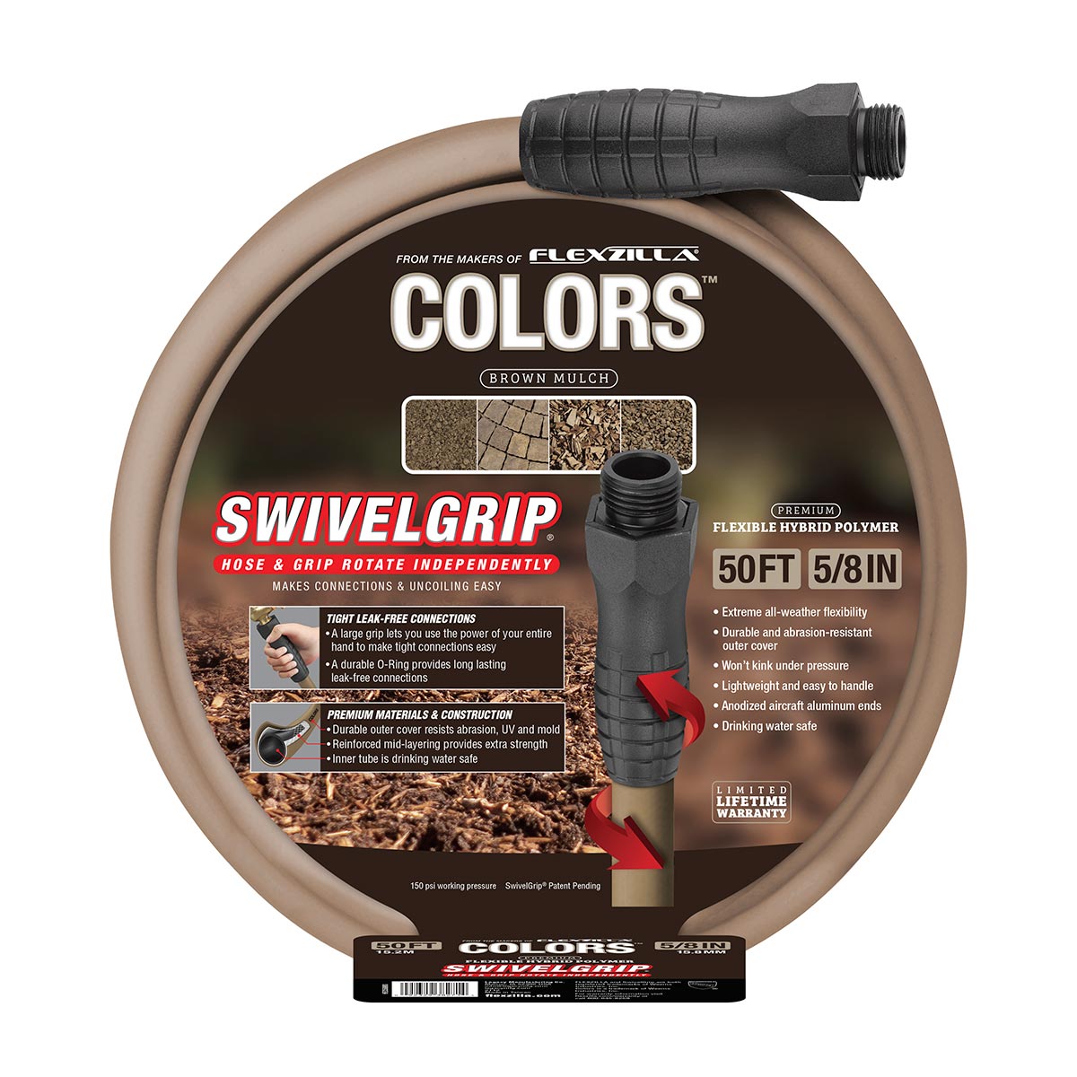 Flexzilla® Colors™ SwivelGrip® Garden Hose, 5/8″ x 50′, 3/4″ – 11 1/2 GHT  Fittings, Brown Mulch – The Wholesale House